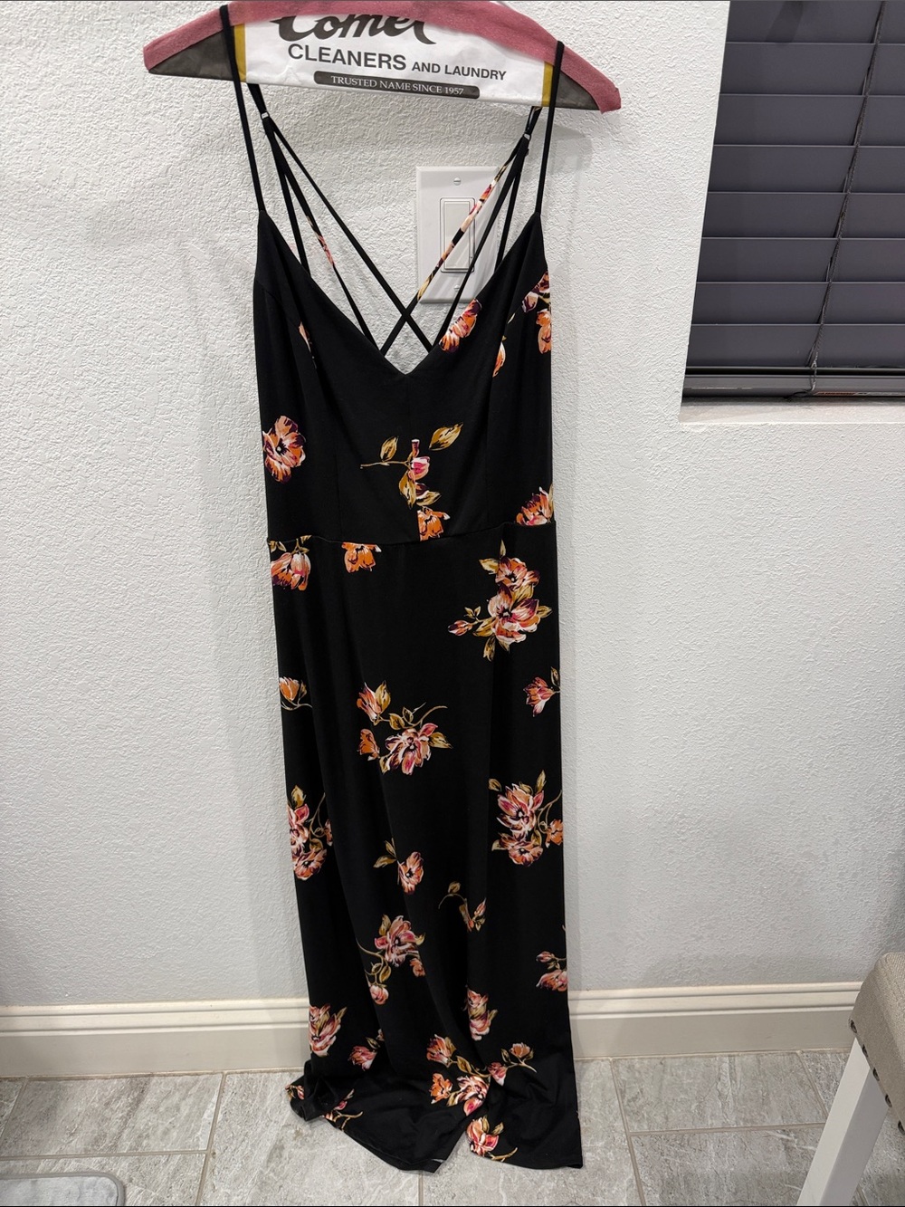 nine britton Black Maxi Dress with Pink and Orange Floral Print